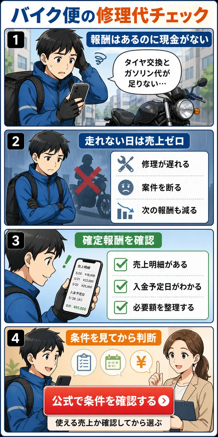 バイク便の修理代・ガソリン代不足を確認する4コマ漫画