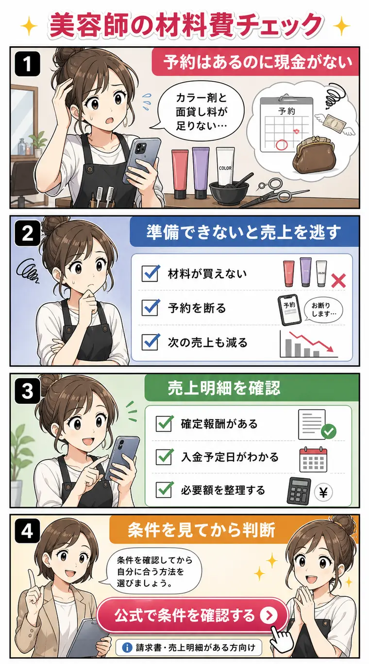 美容師の材料費・面貸し料不足を確認する4コマ漫画