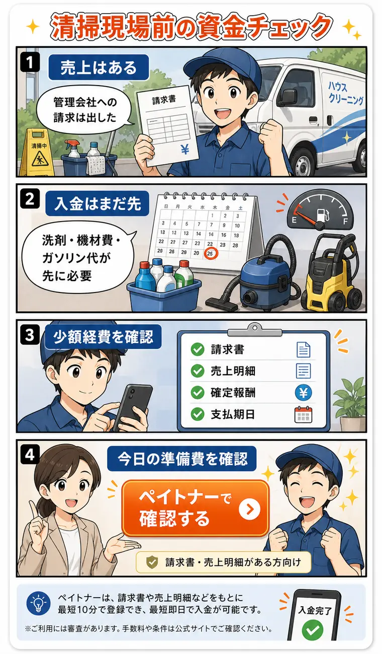 清掃業の洗剤代・機材費不足を確認する4コマ漫画