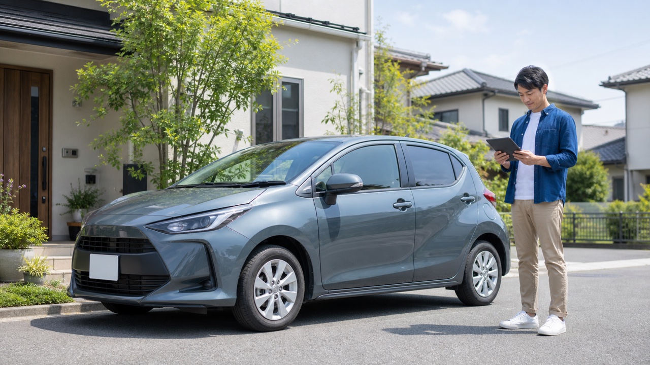 個人事業主が私用車のカーリース条件をタブレットで確認している様子