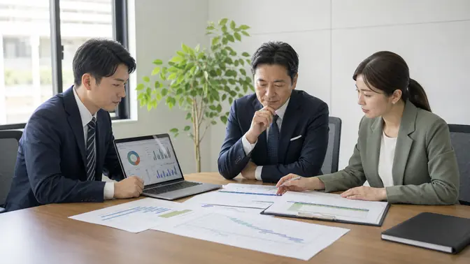 DXシステムの導入計画・見積書・資金繰り表を確認する法人経営者と財務・IT責任者