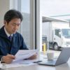 燃料カードの支払日を確認する運送会社の経営者