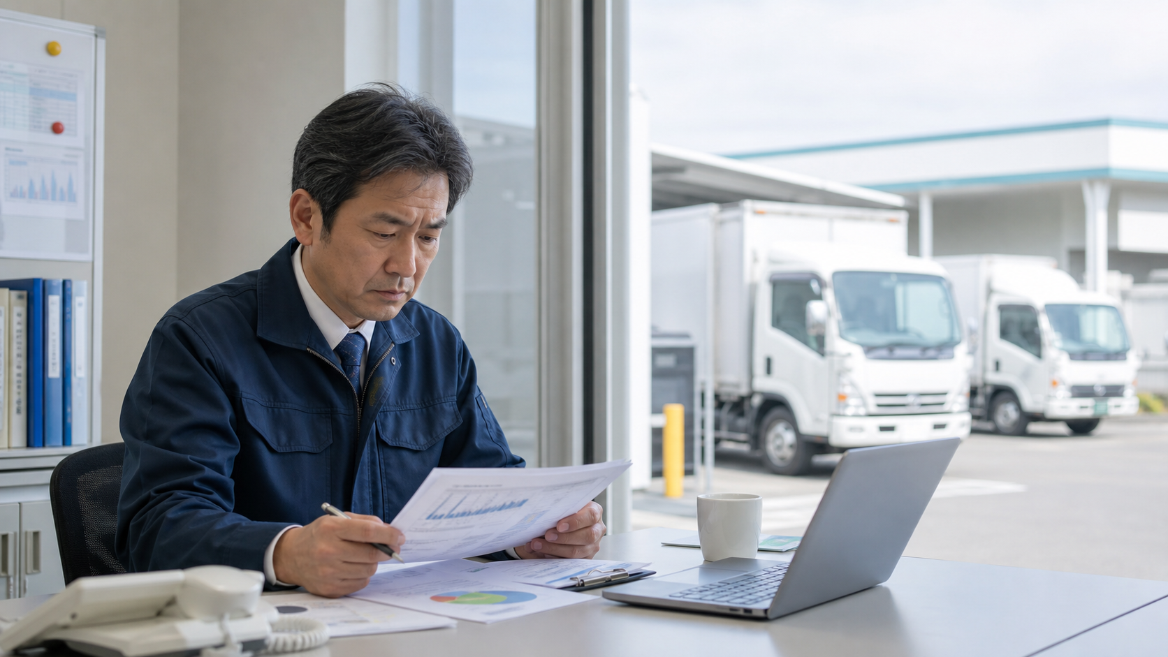 燃料カードの支払日を確認する運送会社の経営者