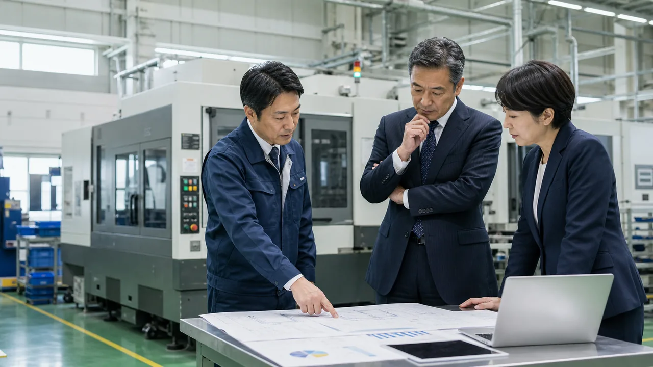 大型設備の見積書と導入日程を工場で確認する法人経営者・財務責任者・現場責任者