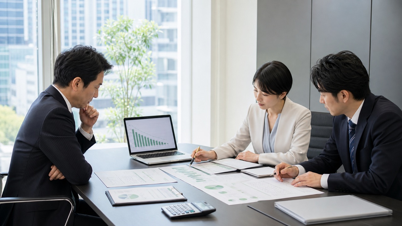 1億円の法人融資について返済計画を確認する経営者と財務担当者