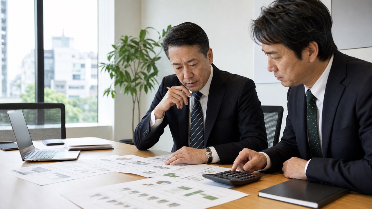 大口融資の返済計画を確認する法人経営者と財務担当者