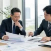 大口融資の仮査定前に事業計画と必要書類を確認する法人経営者と財務担当者