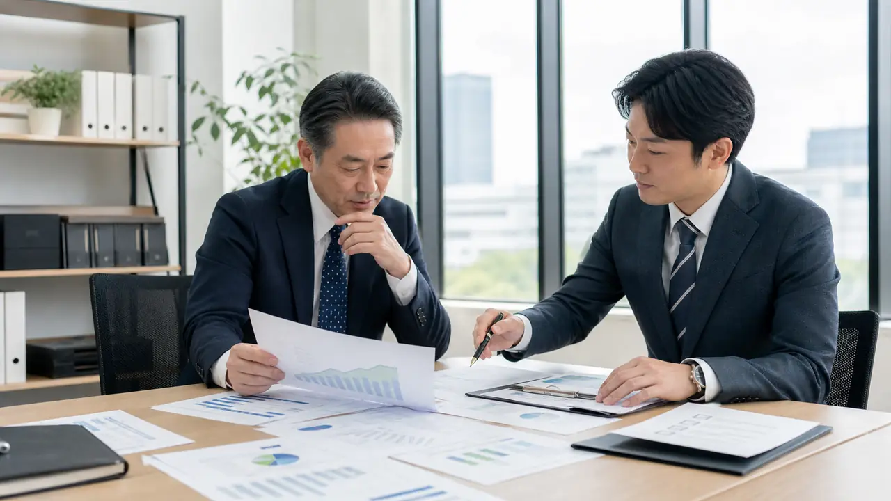 大口融資の仮査定前に事業計画と必要書類を確認する法人経営者と財務担当者