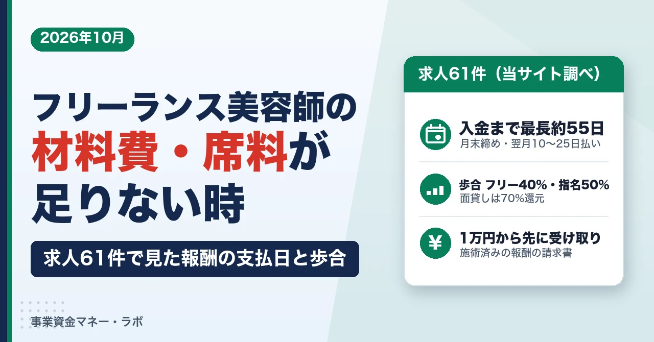 フリーランス美容師の材料費・席料が足りない時｜求人61件で見た報酬の支払日と歩合、施術済みの報酬を1万円から先に受け取る方法