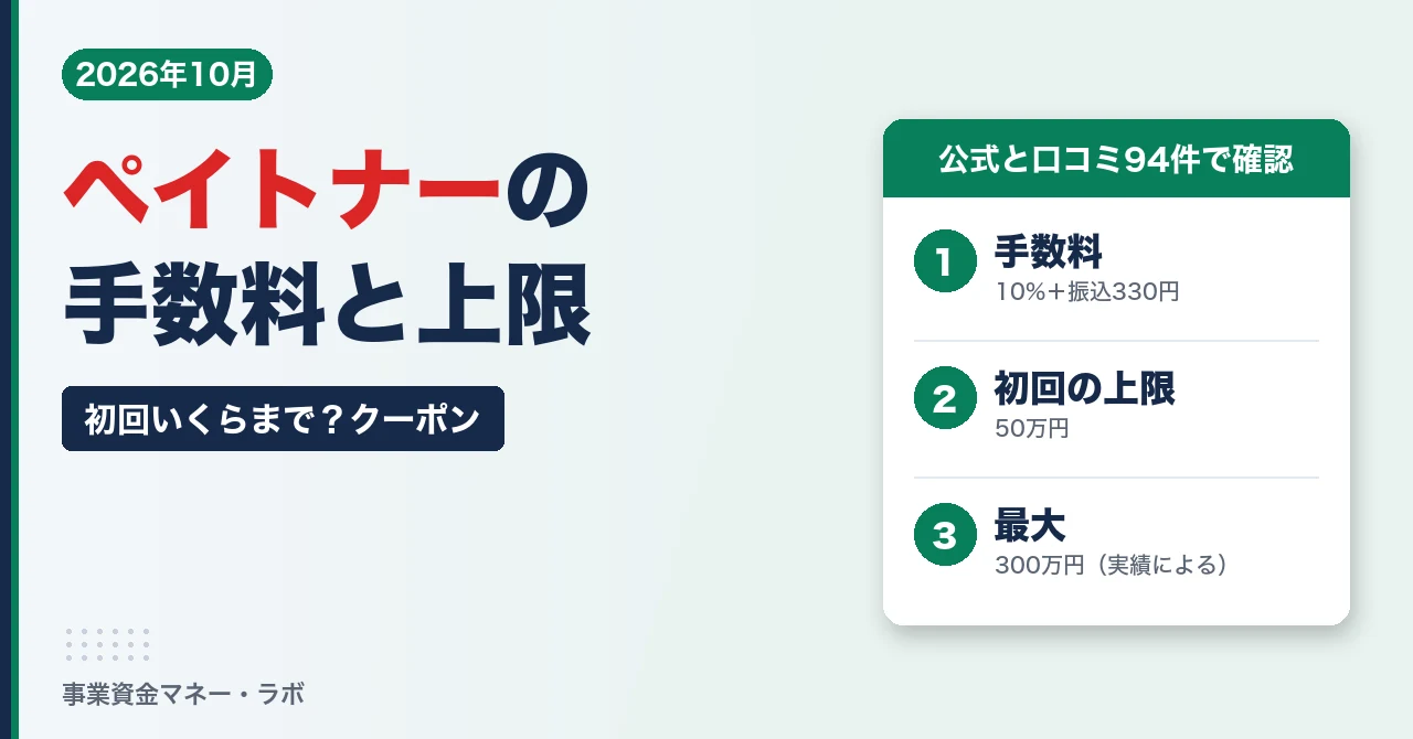 ペイトナーの手数料と上限｜手数料10%＋振込手数料330円・初回の上限50万円