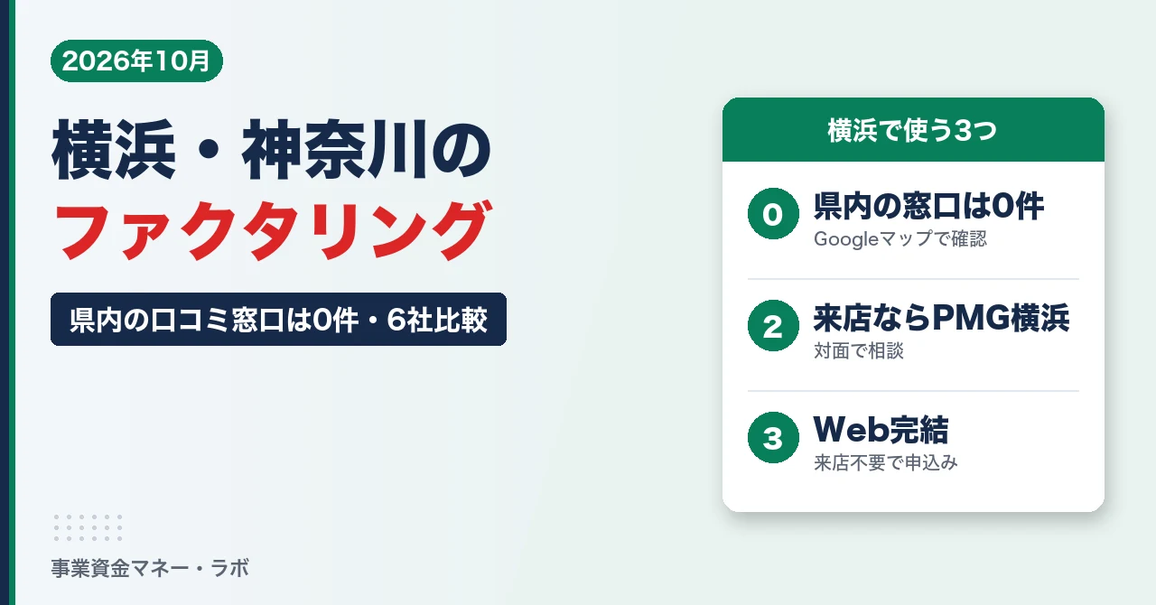 横浜・神奈川のファクタリング｜Googleマップで県内の口コミ窓口は0件、来店はPMG横浜かWeb完結｜6社比較